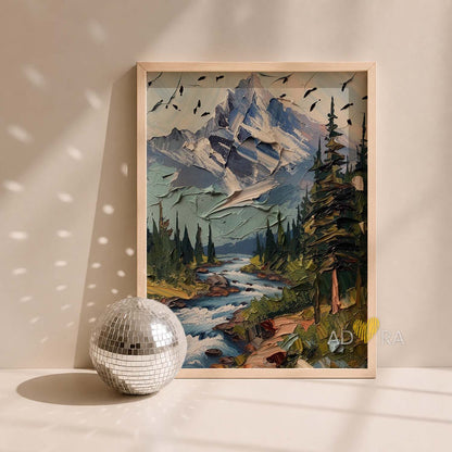 Mountain Stream and Pine Trees Landscape Oil Paint Style Wall Art Canvas