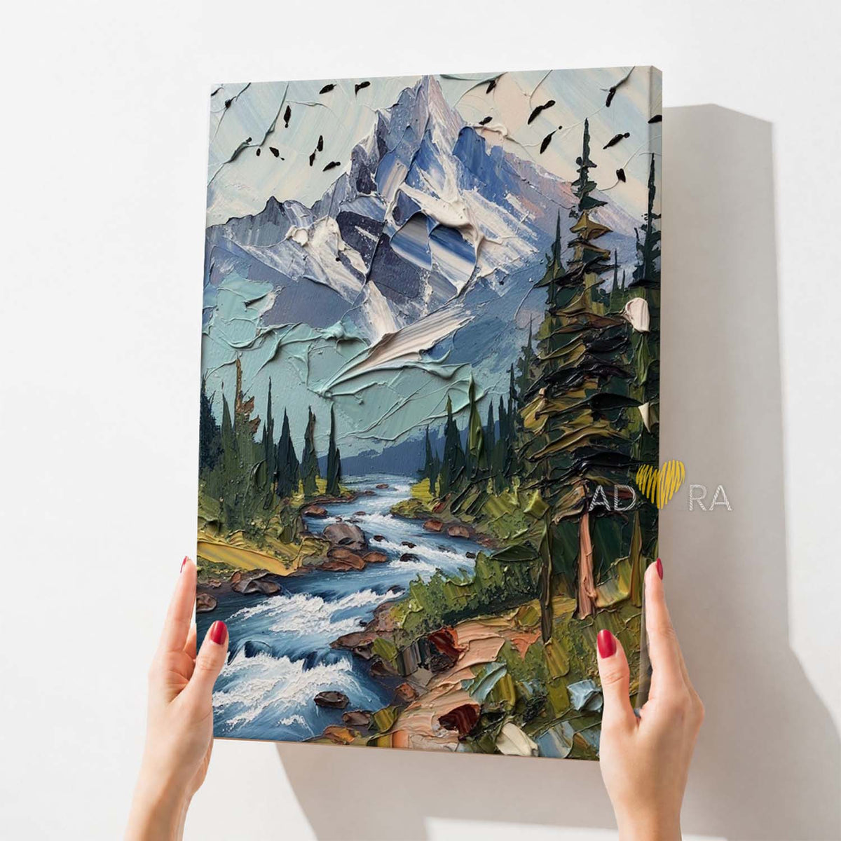 Mountain Stream and Pine Trees Landscape Oil Paint Style Wall Art Canvas