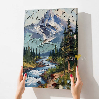 Mountain Stream and Pine Trees Landscape Oil Paint Style Wall Art Canvas
