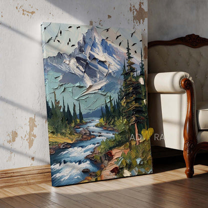 Mountain Stream and Pine Trees Landscape Oil Paint Style Wall Art Canvas