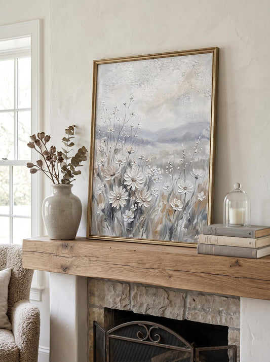 Neutral Cottagecore Meadow Daisy Wildflower Wall Art Canvas