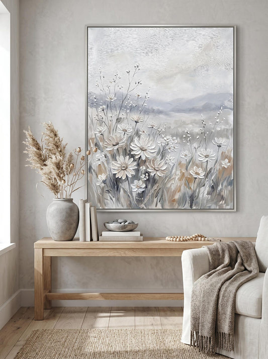 Neutral Cottagecore Meadow Daisy Wildflower Wall Art Canvas