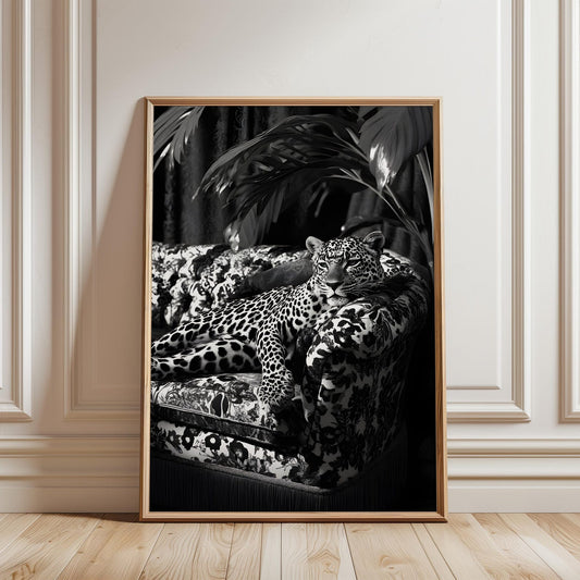 Panther on the Sofa Black and White Wall Art Canvas