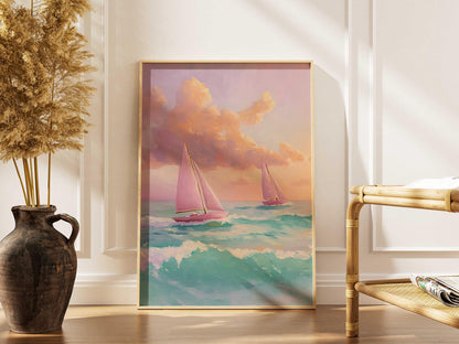 Pink Sailboat Nautical Coastal Ocean Wall Art Canvas