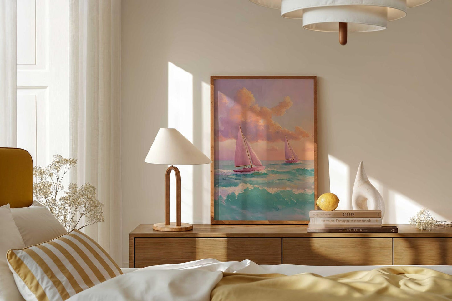 Pink Sailboat Nautical Coastal Ocean Wall Art Canvas