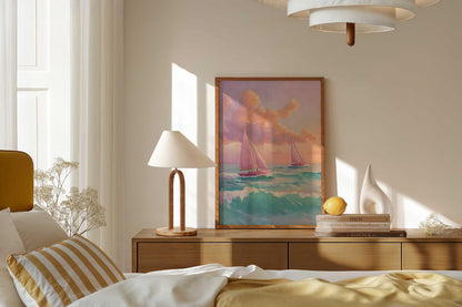Pink Sailboat Nautical Coastal Ocean Wall Art Canvas