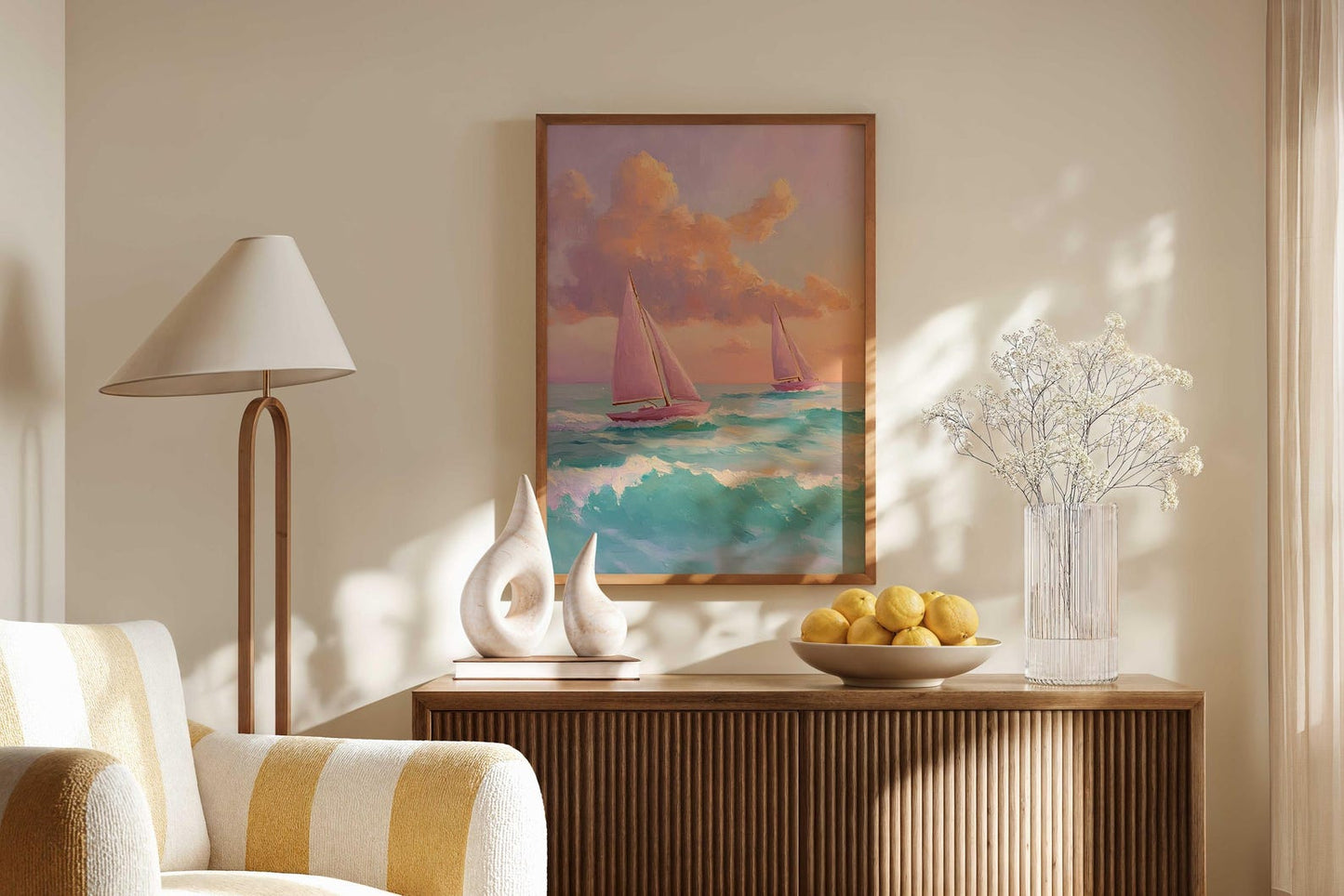 Pink Sailboat Nautical Coastal Ocean Wall Art Canvas