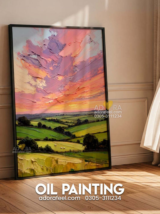 Rolling Hills and Pastel Sunset Oil Paint Style Wall Art Canvas