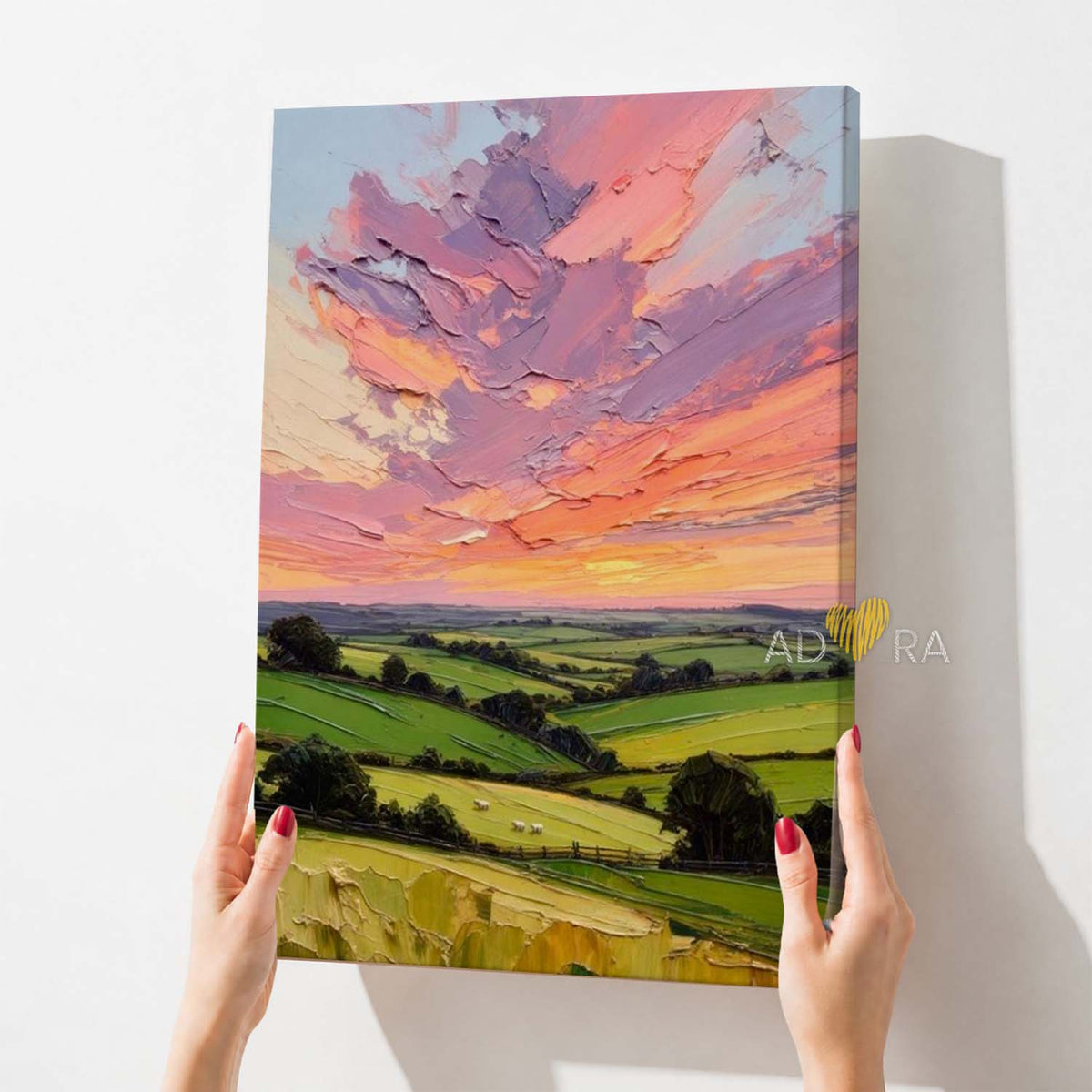 Rolling Hills and Pastel Sunset Oil Paint Style Wall Art Canvas