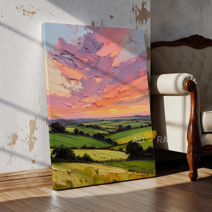 Rolling Hills and Pastel Sunset Oil Paint Style Wall Art Canvas