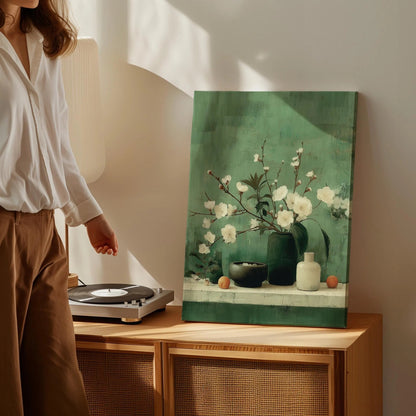 Rustic Botanical White Flowering Branches in Green Vase Wall Art Canvas