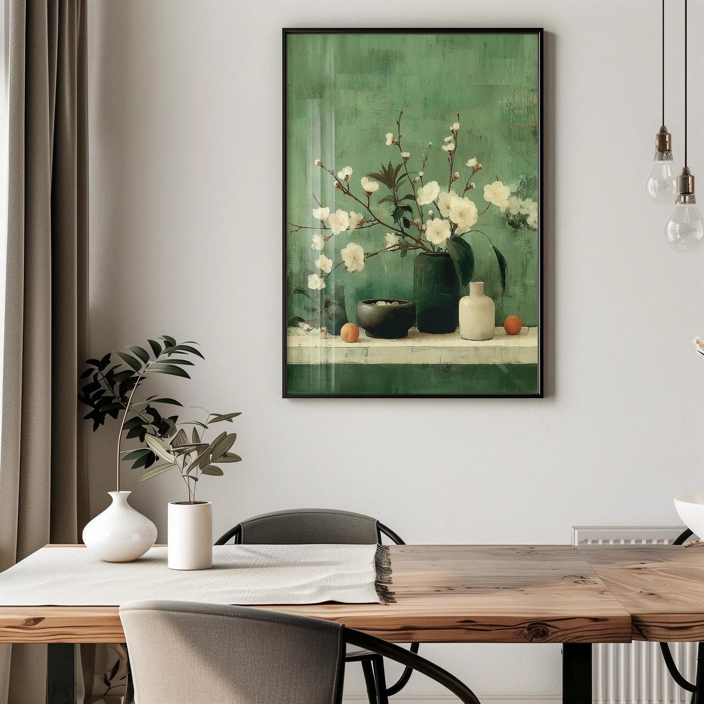 Rustic Botanical White Flowering Branches in Green Vase Wall Art Canvas