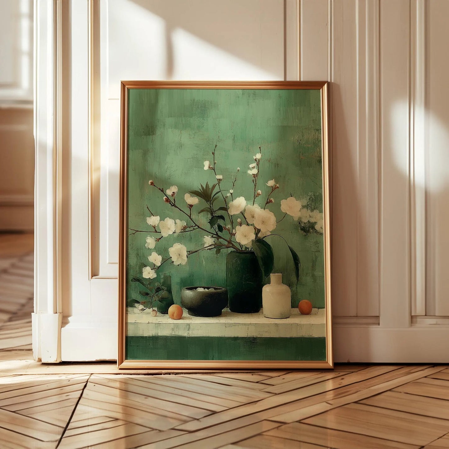 Rustic Botanical White Flowering Branches in Green Vase Wall Art Canvas