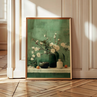 Rustic Botanical White Flowering Branches in Green Vase Wall Art Canvas