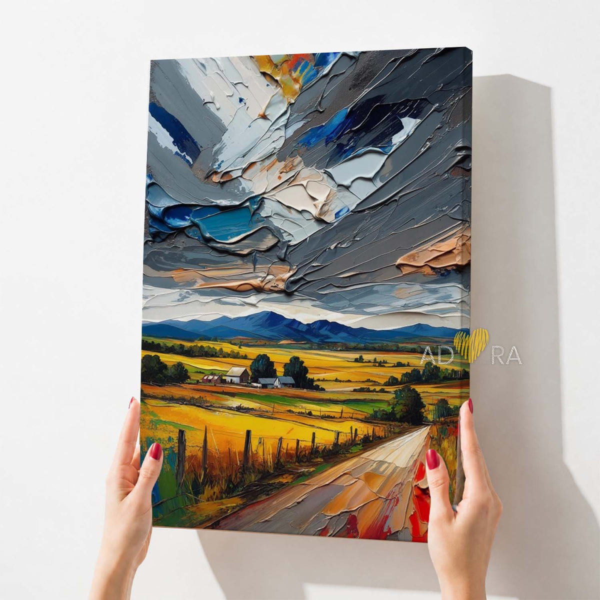 Rustic Country Road and Storm Clouds Oil Paint Style Wall Art Canvas