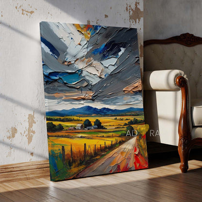 Rustic Country Road and Storm Clouds Oil Paint Style Wall Art Canvas
