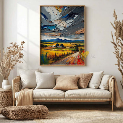 Rustic Country Road and Storm Clouds Oil Paint Style Wall Art Canvas
