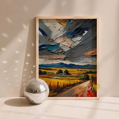 Rustic Country Road and Storm Clouds Oil Paint Style Wall Art Canvas
