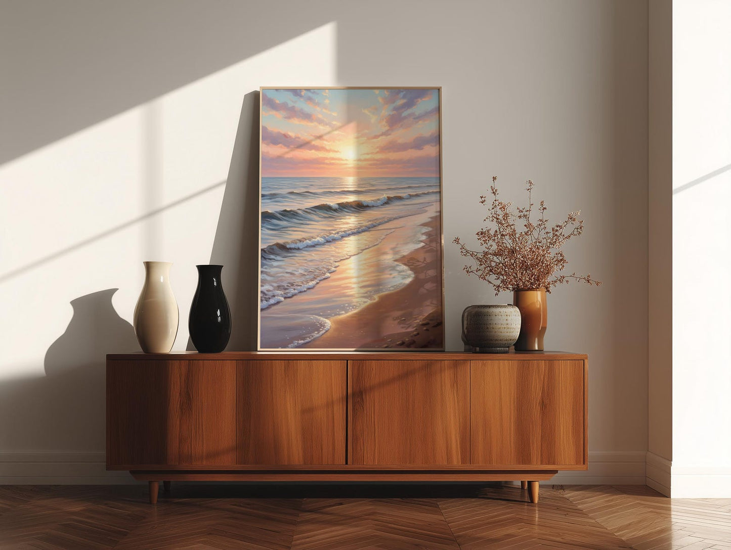 Soft Ocean Waves Pastel Beach Sunset Wall Art Canvas