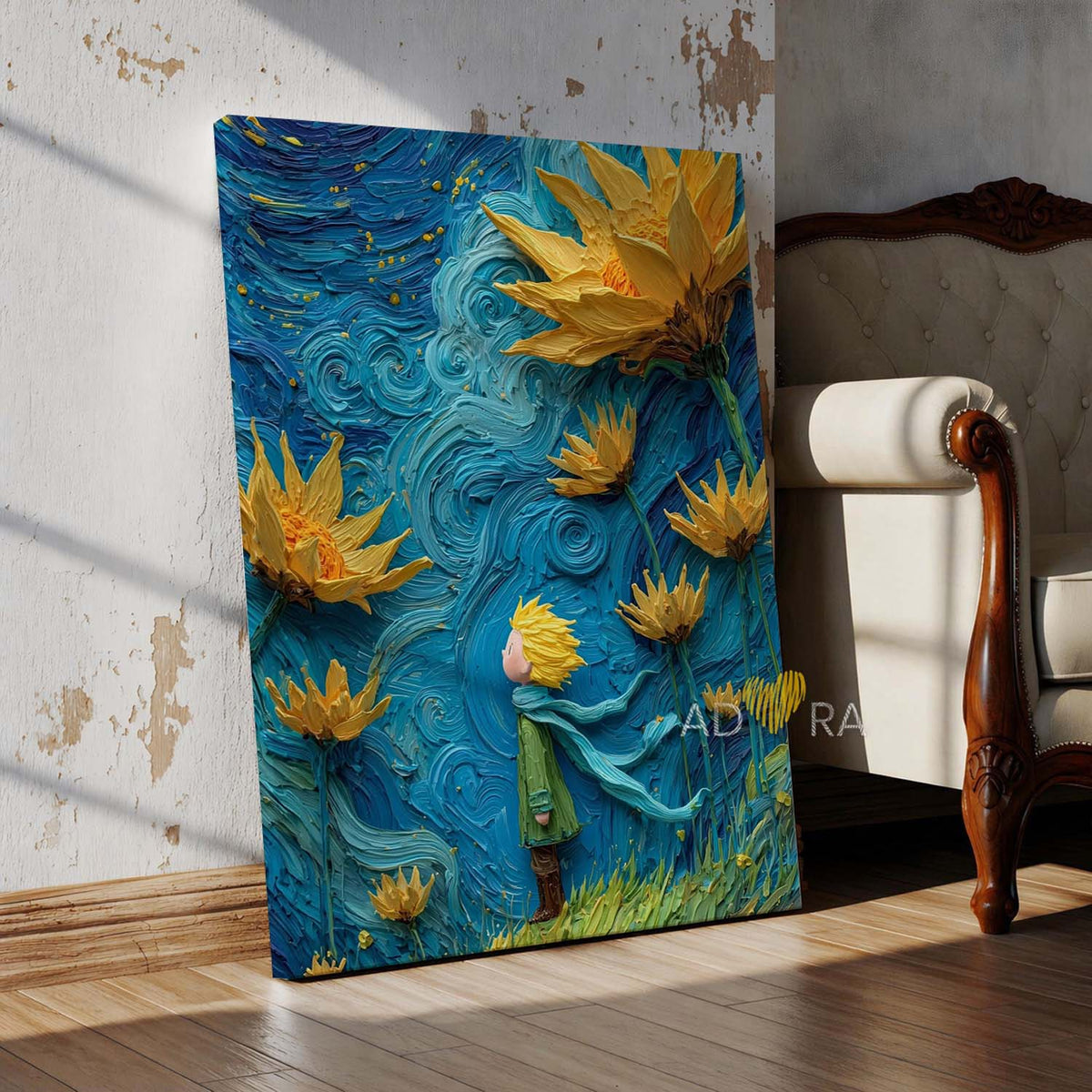 Starry Night Sunflowers Whimsical Character Art Oil Paint Style Wall Art Canvas