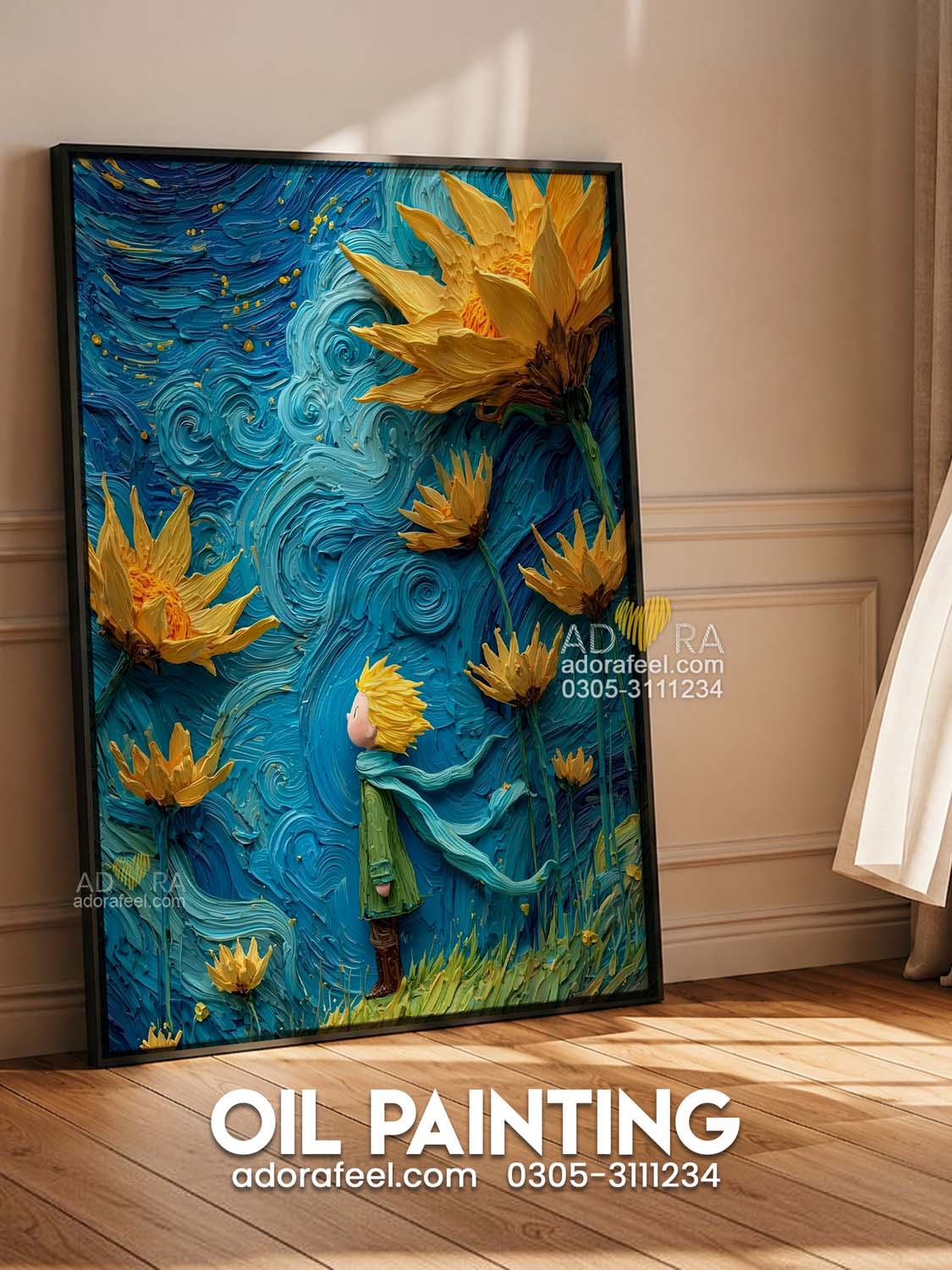 Starry Night Sunflowers Whimsical Character Art Oil Paint Style Wall Art Canvas