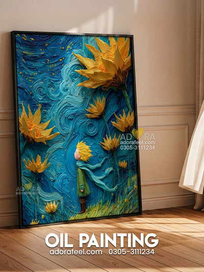 Starry Night Sunflowers Whimsical Character Art Oil Paint Style Wall Art Canvas