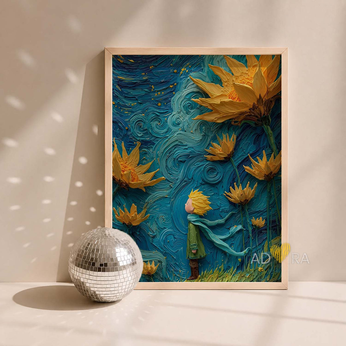 Starry Night Sunflowers Whimsical Character Art Oil Paint Style Wall Art Canvas