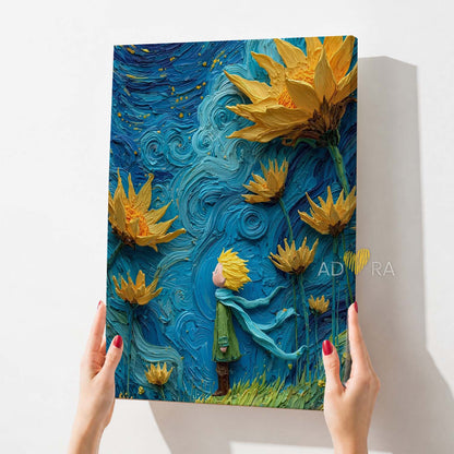 Starry Night Sunflowers Whimsical Character Art Oil Paint Style Wall Art Canvas
