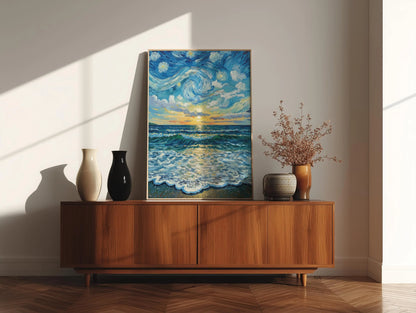Starry Ocean Swirling Blue Beach Wall Art Canvas