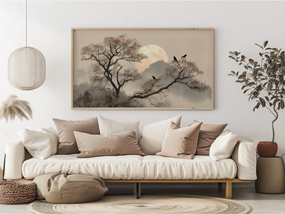 Sumi-e Branches with Birds Japandi Wall Art Canvas