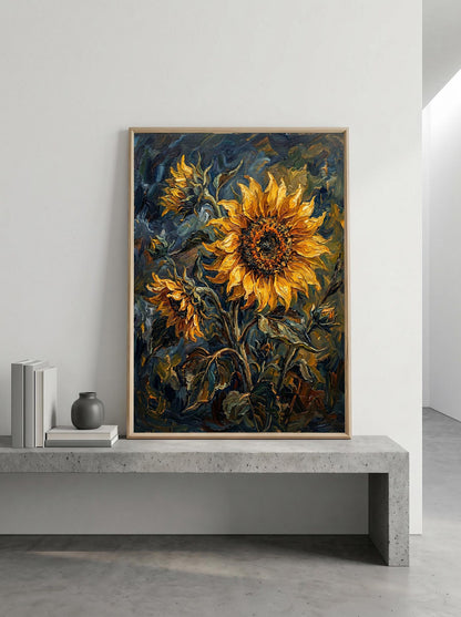 Sunflower Floral Moody Textured Oil Paint Style Wall Art Canvas