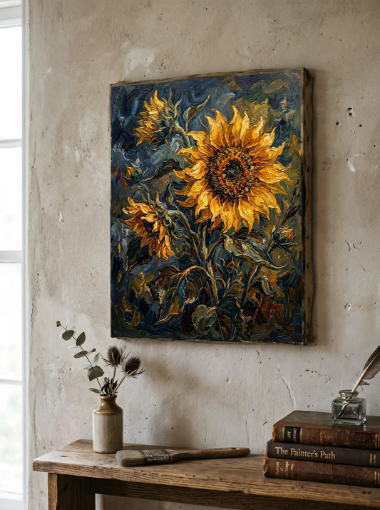 Sunflower Floral Moody Textured Oil Paint Style Wall Art Canvas