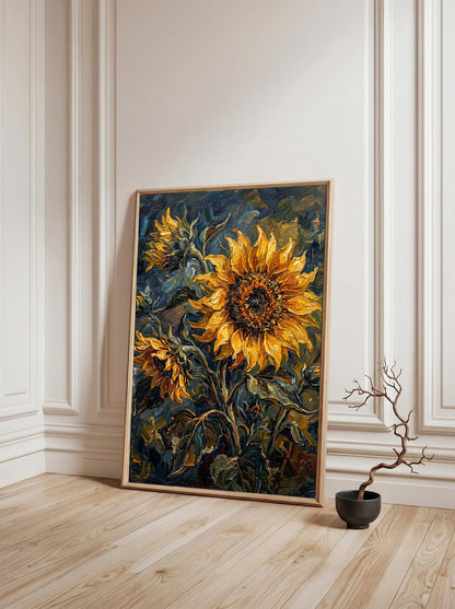 Sunflower Floral Moody Textured Oil Paint Style Wall Art Canvas
