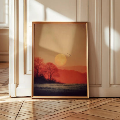 Sunlit Fields and Silhouetted Tree Warm Landscape Wall Art Canvas
