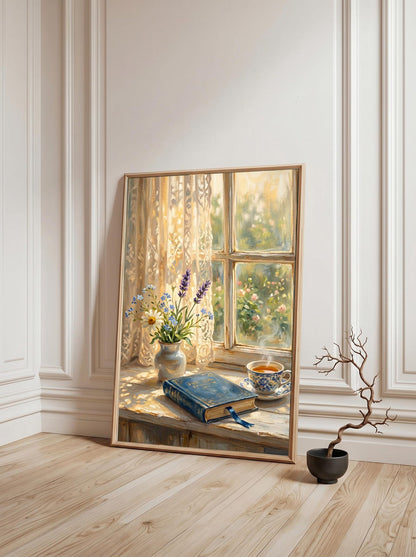 Sunlit Tea Book Daisies Oil Paint Style Cozy Window Wall Art Canvas
