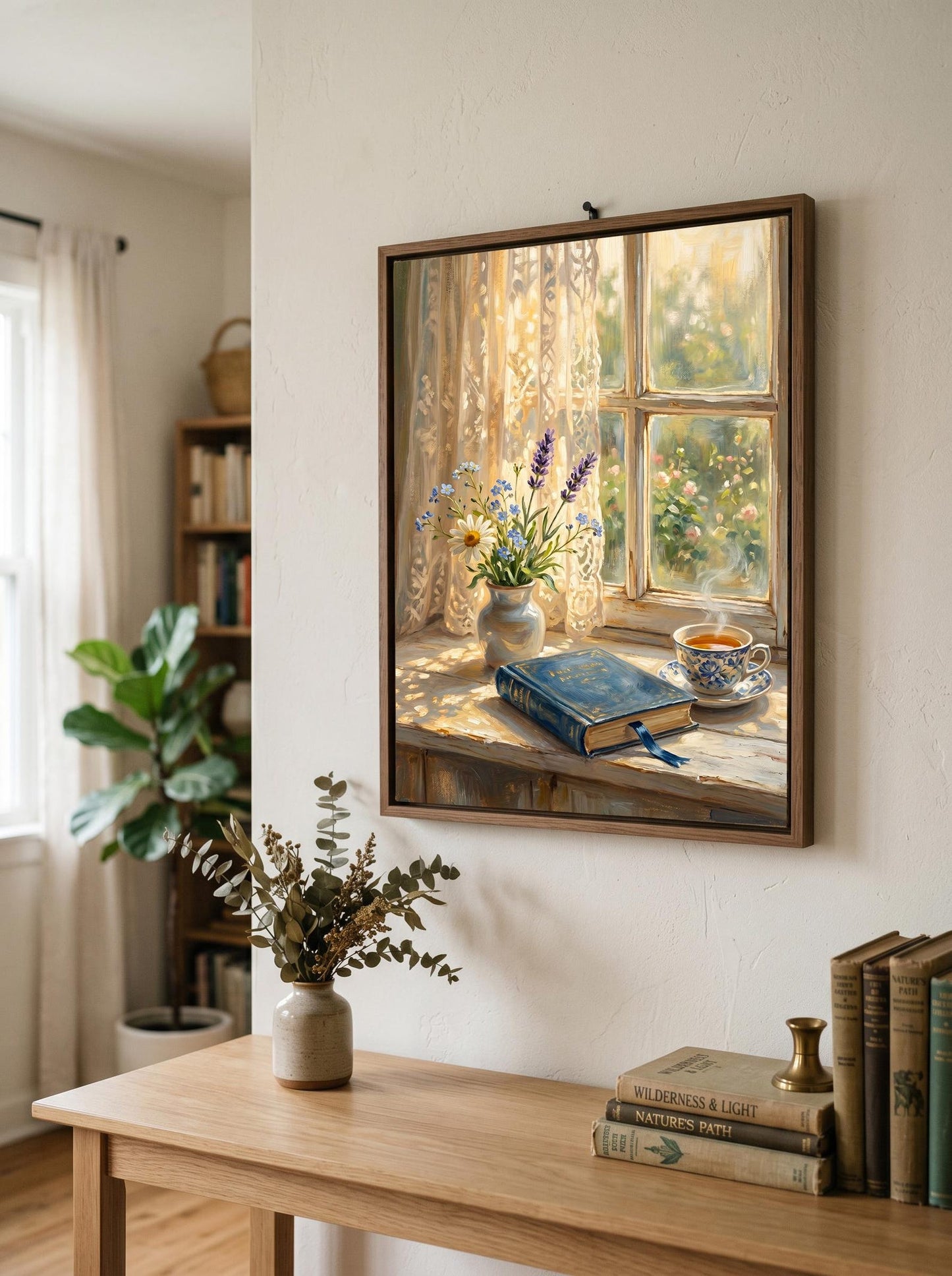 Sunlit Tea Book Daisies Oil Paint Style Cozy Window Wall Art Canvas