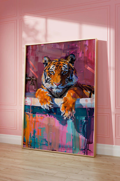 Tiger In Bathroom Preppy Wall Art Canvas