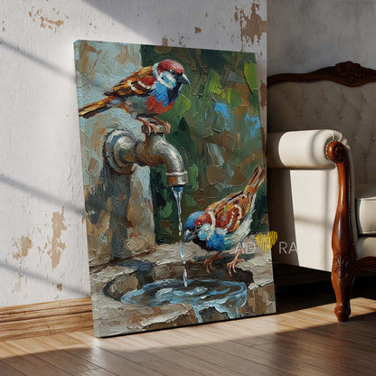 Two Birds by the Tap Oil Paint Style Wall Art Canvas