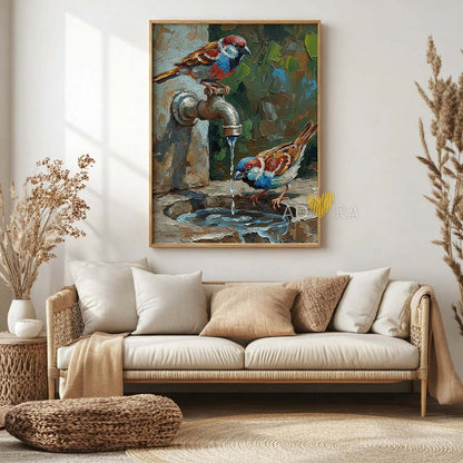 Two Birds by the Tap Oil Paint Style Wall Art Canvas