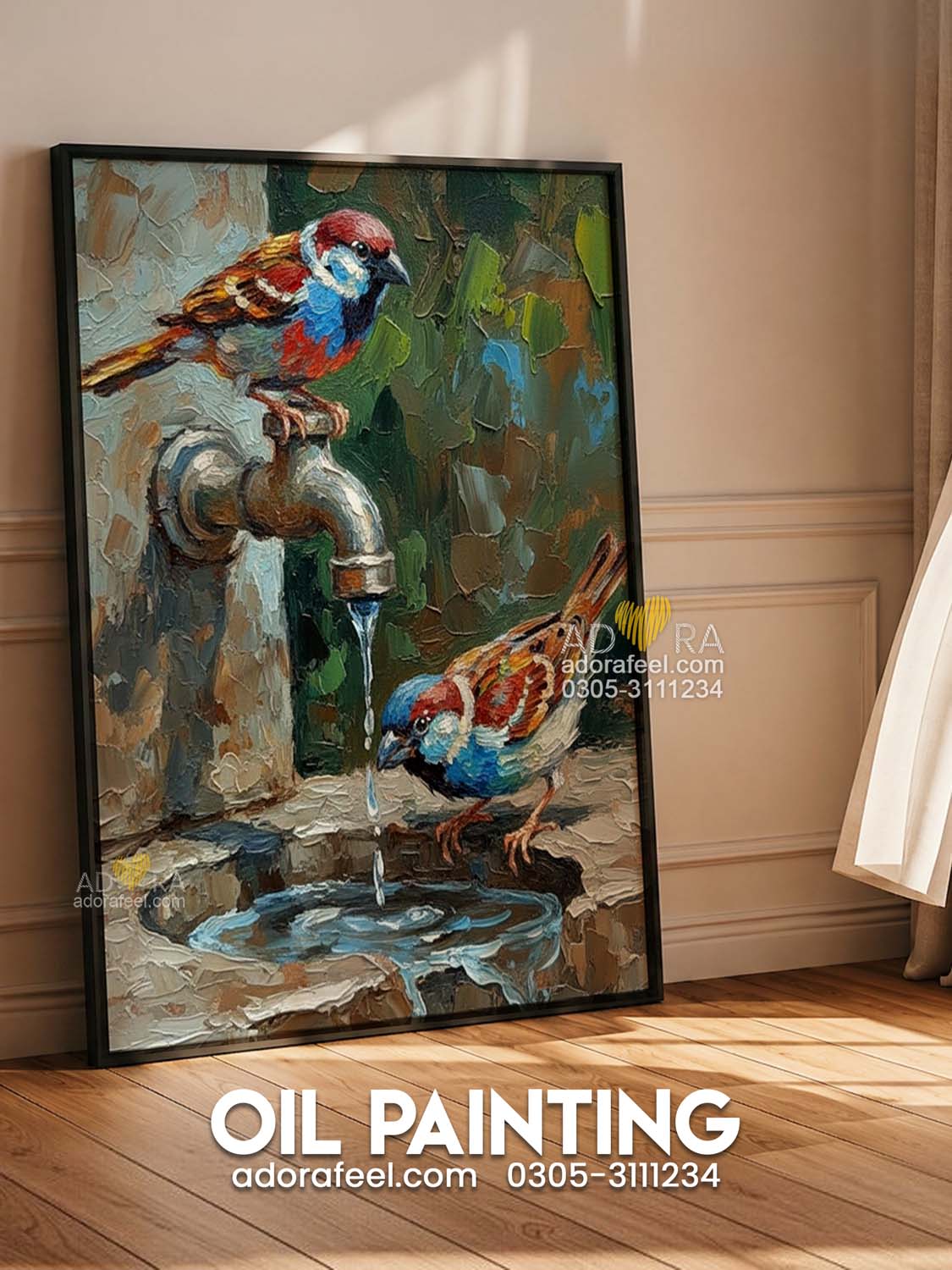 Two Birds by the Tap Oil Paint Style Wall Art Canvas