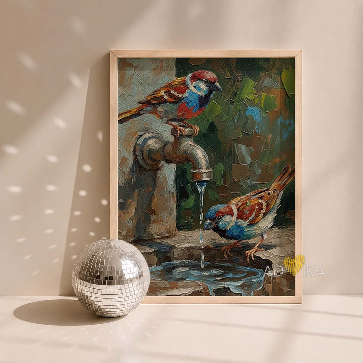 Two Birds by the Tap Oil Paint Style Wall Art Canvas
