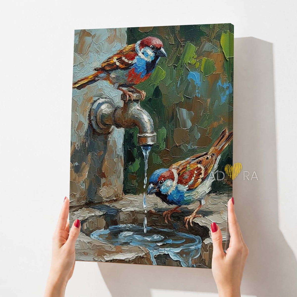 Two Birds by the Tap Oil Paint Style Wall Art Canvas