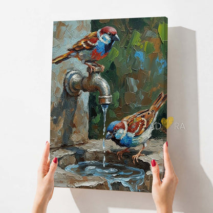Two Birds by the Tap Oil Paint Style Wall Art Canvas