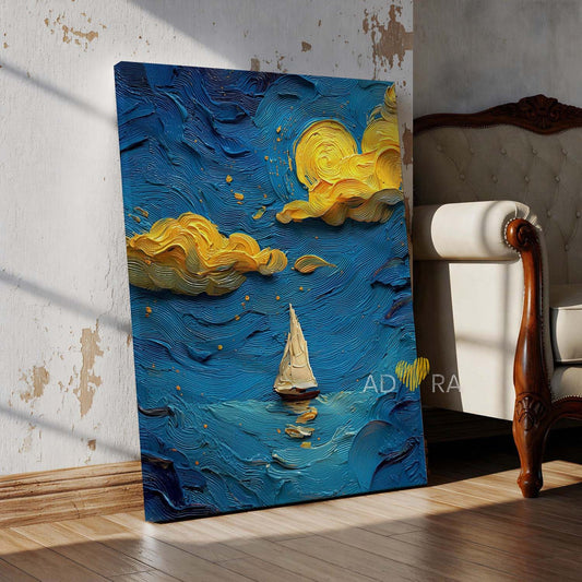 Van Gogh Style Starry Night Sailboat Oil Paint Style Wall Art Canvas