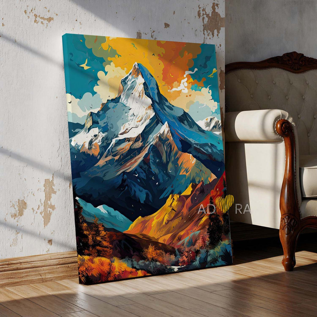 Vibrant Summit Mountain Oil Paint Style Wall Art Canvas