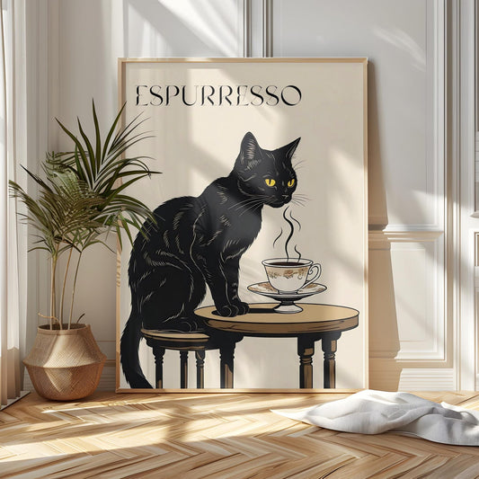 Vintage Funny Cat Coffee Wall Art Canvas