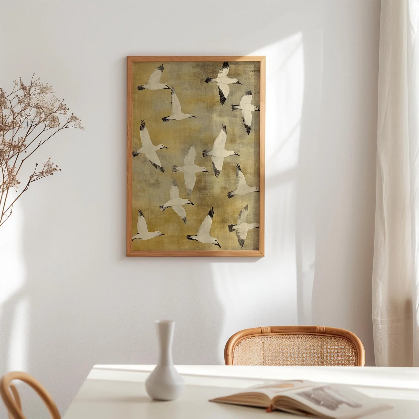 Vintage White Birds in Flight Wall Art Canvas