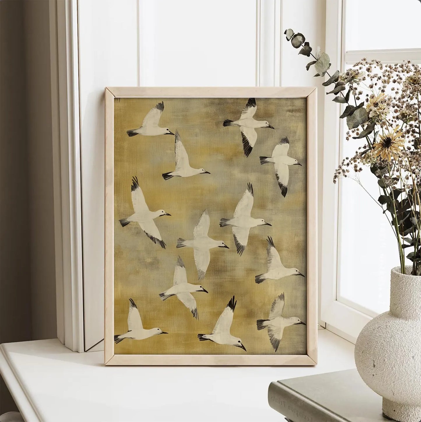 Vintage White Birds in Flight Wall Art Canvas