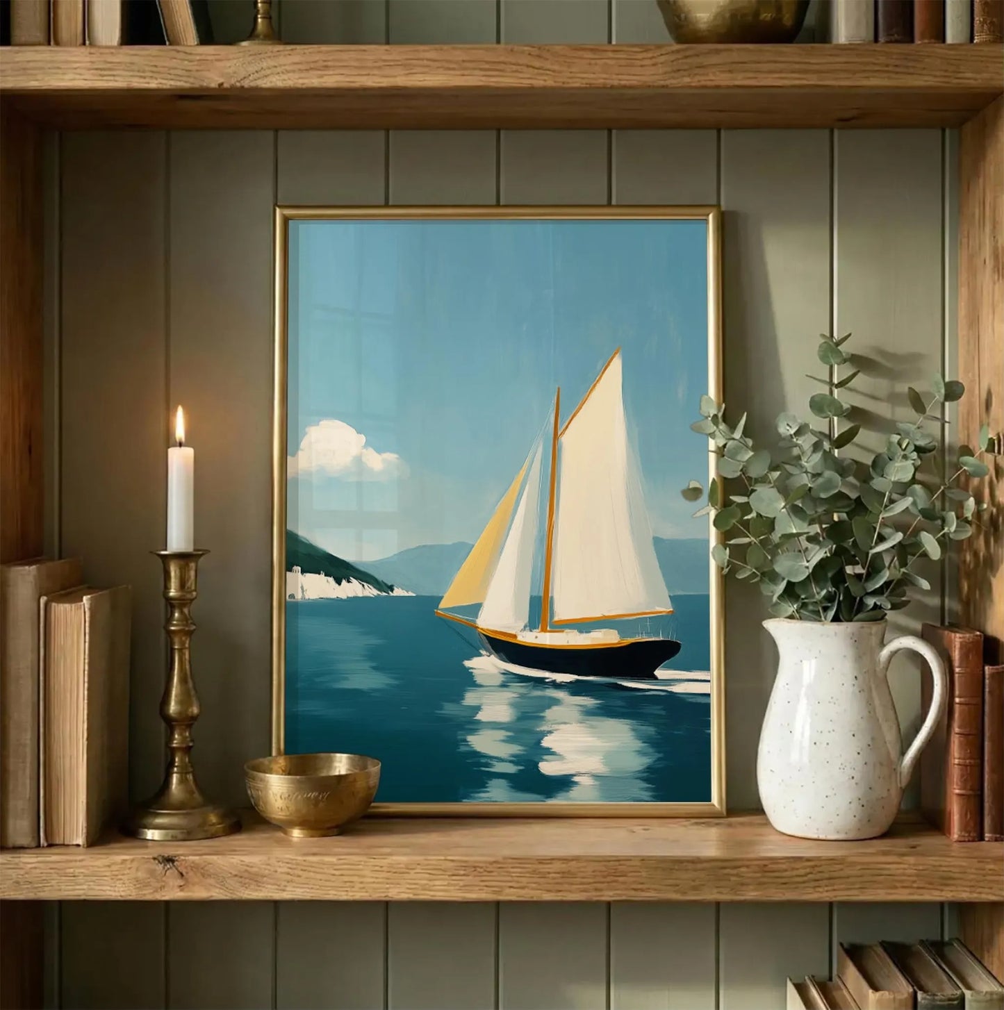 Vintage Yacht Nautical Coastal with Greek Island Wall Art Canvas
