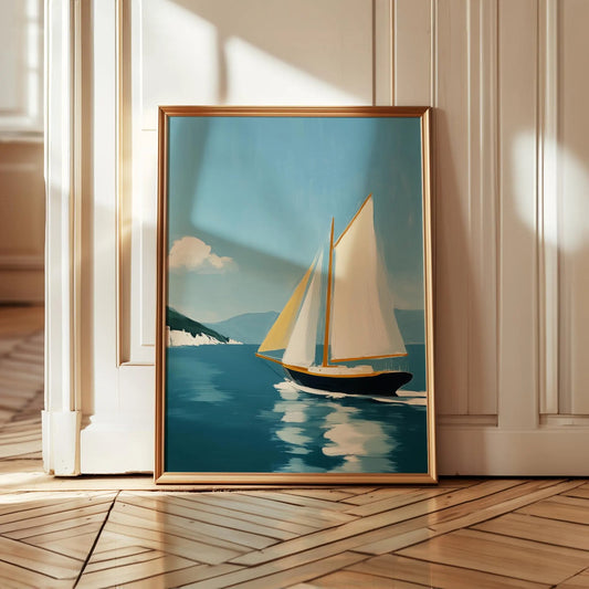 Vintage Yacht Nautical Coastal with Greek Island Wall Art Canvas